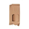 A drink bottle packaging box in brown, featuring a rope handle and cut-out sections for two bottles. It includes a logo.