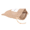 A jute net produce bag in a natural burlap colour with a drawstring closure and a visible logo.