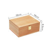 A wooden case in a light timber finish, featuring a gold clasp, measuring 19cm x 16cm x 8.5cm.
