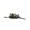 A black ribbon with gold edges, featuring a logo, displayed in a coiled arrangement.