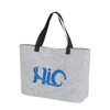 A grey felt shopping bag with black handles and a logo on the front.