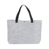 A grey felt shopping bag with black handles, featuring a simple design and a small fastening detail.