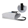 A grey felt shopping bag with black handles, featuring a circular inset showing a detail of the handle.