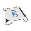 A clear PVC drawstring bag with black corners and a logo on one side.