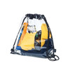 A clear PVC drawstring bag containing various items, including yellow and navy clothing, with a black drawstring and branding.