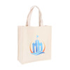 A cream-coloured cotton tote bag with a logo featuring a stylised building and wave design.