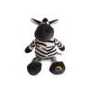 A plush zebra toy in black and white stripes with a soft, rounded body and a colourful logo on its foot.