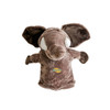 A brown elephant hand puppet with large ears and white eyes, featuring a logo on its chest.