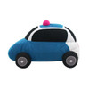 A plush toy in the shape of a blue and black vehicle, featuring a pink light on top and circular wheels.
