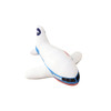 A plush toy designed like an airplane, predominantly white with blue and red details, featuring a logo.