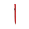 A transparent barrel pen in red, featuring a clip and a smooth design. It has a branding logo.