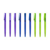 A set of plastic pens with transparent barrels in purple and green hues, featuring clip tops and a logo.