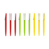 A collection of plastic pens in red, green, and yellow with silver clips, featuring a simple design and branding.