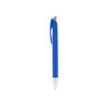 A blue plastic pen with a silver tip and a clip, featuring a logo on its surface.