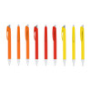 Nine plastic pens in various vibrant colours: orange, yellow, red, and a colour combination, all with silver accents and clips.
