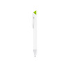 A gray pen with a white barrel and a green triangular top, featuring a clip and a shiny silver tip.