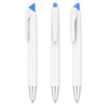 A set of grey pens with blue accents and a silver tip, featuring a logo on their body.