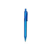A transparent blue pen with a clip and push-button mechanism, featuring a branding logo.