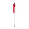 A creamy white barrel pen with a red clip and tip, featuring a logo on the barrel.