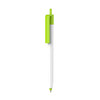 A creamy white barrel pen with a bright green push button and clip, featuring a logo on the barrel.