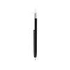 A black push button pen with a creamy white cap and a clip, featuring a simple design.