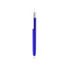 A push button pen with a blue barrel and creamy white cap, featuring a logo on the body.