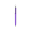 A push button pen with a purple barrel and creamy white cap, featuring a clip and a logo.