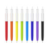 A row of push button pens with colour barrels in red, orange, yellow, green, blue, purple, and black, featuring creamy white caps.
