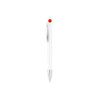 A creamy white barrel pen with a red accent and a metallic tip, featuring a logo on the clip.