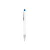 A plastic pen with a creamy white barrel and a blue accent on the clip, featuring a silver tip.