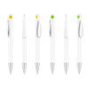 A collection of six creamy white pens with coloured clips in yellow and green, featuring silver accents and a logo.