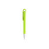 A bright green plastic pen with a silver tip and a clip, featuring a branding logo.