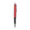 A red and black plastic pen with a shiny finish and a clip, featuring a logo.