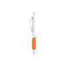 A plastic pen with a creamy white barrel and an orange grip, featuring a logo on the side.