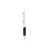 A plastic pen with a creamy white barrel and a black grip, featuring a clip and a silver tip.