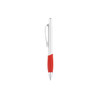 A plastic pen featuring a creamy white barrel and a red grip, with a clip and a logo.