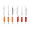 A collection of plastic pens with creamy white barrels and coloured grips in orange and red shades. Each pen features a clip.