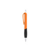 A plastic pen with a bright orange barrel and black grip, featuring a silver accent and a branded logo.