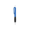 A blue plastic pen with a black grip and a chrome clip, featuring a branding logo.