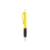 A plastic pen with a yellow barrel and black grip, featuring a silver clip and tip, with a logo present.