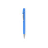 A blue pen with a silver clip and a smooth body, featuring a logo on the barrel.