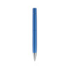 A blue pen with a sleek spray finish and a chrome clip, featuring a logo.