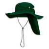 A dark green Legionnaire wide brim hat with a long neck flap and adjustable chin strap. Features ventilation holes.