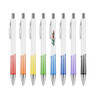 A set of colourful pens with a creamy white barrel and vibrant gradient accents at the bottom. Each pen has a logo.