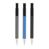 A set of three pens in grey, blue, and black, featuring a sleek design and clips. Each pen has a discreet logo.
