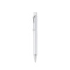 A silver pen with a sleek design and a clip, featuring a brand logo.