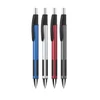 Four plastic pens in blue, silver, red, and black with rubber grips and a logo.