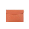 A PU leather A4 file bag in a warm orange hue with a flap closure and branding.
