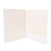 A4 presentation folder in plain white, featuring a side pocket for holding documents. Additionally includes a branding logo.