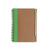 Kraft notebook with a green spine and matching ballpoint pen, featuring a spiral binding.